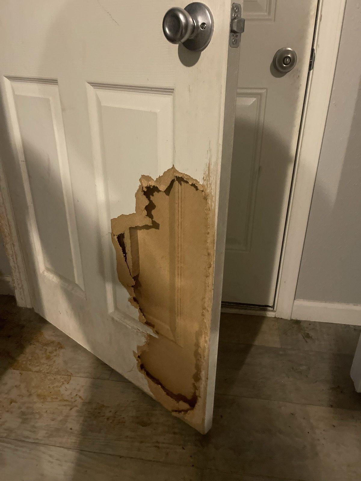 Interior door with a large hole kicked through the lower panel, exposing the hollow core